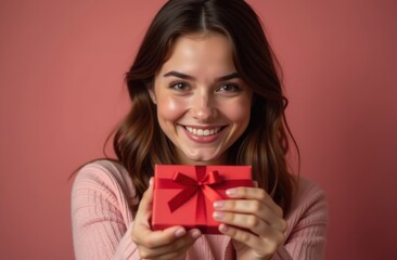 Fototapeta premium A happy young beautiful woman looks at the camera, smiles and hands you a gift box with a ribbon. A gift in your hands for Christmas, New Year, Valentine's Day, Mother's Day. The concept of holidays.