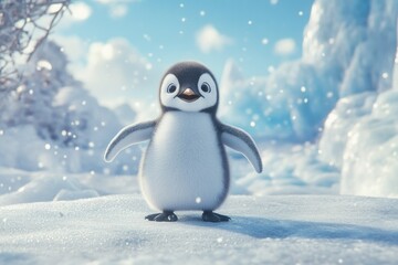 Fototapeta premium Cute Penguin in a Snowy Winter Wonderland Scene