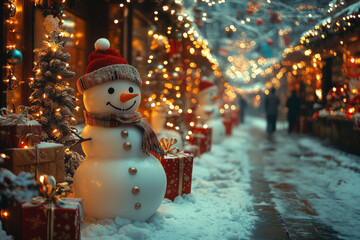 A playful Christmas scene with dancing snowmen, enchanted gifts, and festive lights floating in the air,
