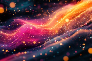 Abstract glowing waves of pink, orange, and blue with bokeh lights.