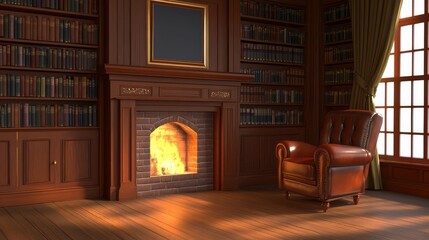 Cozy Room with Leather Armchair and Bookshelves