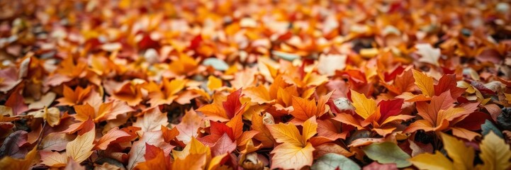 Fototapeta premium Vibrant orange and yellow fall leaves scattered on the ground in a forest setting, texture, natural