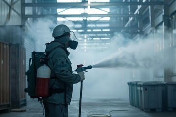 Fogging Pest Control Worker in Industrial Setting