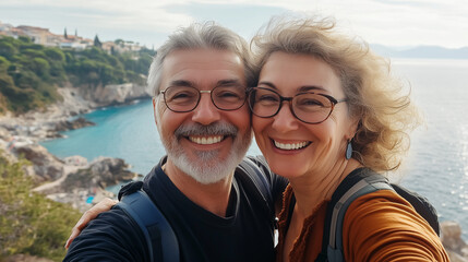 Para turystów, którzy z uśmiechami na twarzach robią selfie w malowniczym otoczeniu południowej Europy