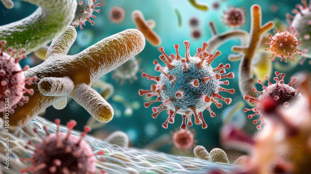Poster close-up view of bacteria and virus cells under microscope