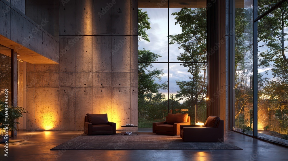 Poster Modern living space with evening light, concrete walls, and large windows.