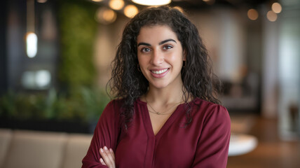 A confident young Middle-Eastern woman with curly hair smiles warmly, dressed in a burgundy blouse, in a modern, airy office with plant decor.