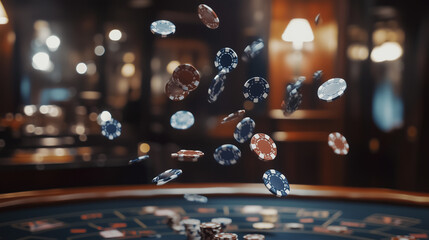 Fototapeta na wymiar Zestaw kolorowych żetonów pokerowych spadających z powietrza na elegancki stół do gry.