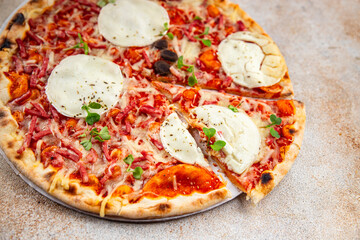 Pizza goat cheese, tomato sauce, bacon tasty food dish fresh delicious gourmet food background on the table rustic food top view copy space top view