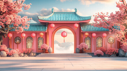 Fototapeta premium vibrant Chinese style archway adorned with lanterns, surrounded by blooming cherry blossom trees, creates serene and picturesque scene. warm colors and intricate details evoke sense of tranquility