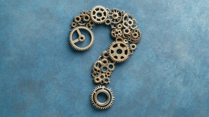 Mechanical Question Mark Made of Gears on Blue Background