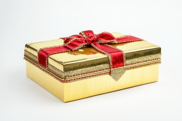 Shiny Gold Gift Box with Red Ribbon and Bow