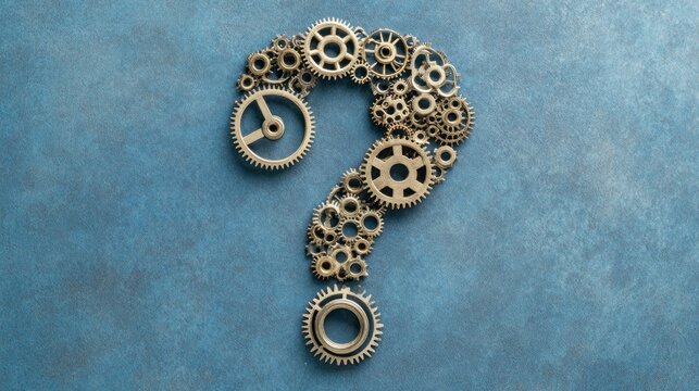 Mechanical Question Mark Made of Gears on Blue Background