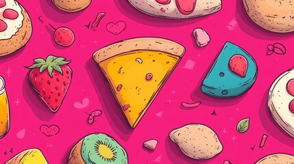 Colorful Cartoon Food Pattern on Pink Background