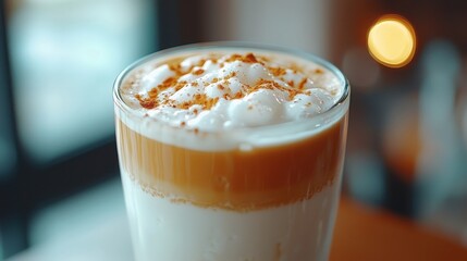 Creamy layered coffee drink garnished with froth and cinnamon on a wooden table