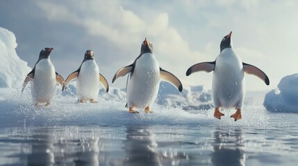Obraz premium Penguins Walking on Ice in a Serene Landscape