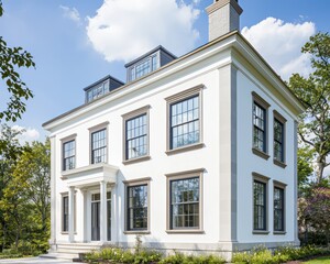Georgian house in white, accented with hazel trim and light gray windows, under full sun.