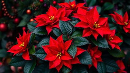 Obraz premium Vibrant red poinsettia flowers on a contrasting red background, nature, petals