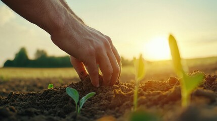 Fototapeta premium Farmers Hand Examining Fertile Soil at Sunset
