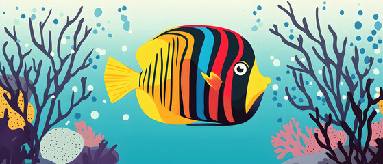 Fototapeta premium Colorful fish swimming in blue water with coral reef.