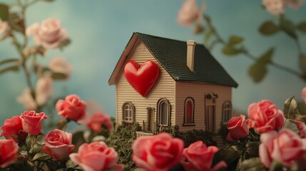 miniature mini house with many flowers and a heart
