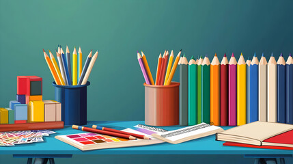 Fototapeta premium Colorful pencils, drawing tools, and books on a blue desk.
