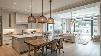 Fototapeta premium Modern kitchen and dining room with white cabinets, a wooden table, and wicker chairs