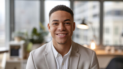 Obraz premium Smiling young man in a light blazer, showcasing confidence and warmth indoors, with large windows providing a bright backdrop and greenery visible in the setting.