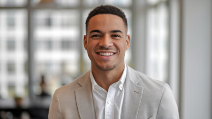 Obraz premium Smiling Black male in a light gray blazer and white shirt, exuding confidence and warmth in a bright, modern office setting.