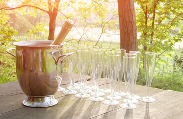 champagne wine glasses on a wooden table in the countryside