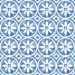 Seamless moroccan pattern. Square vintage tile. Blue and white watercolor ornament painted with paint on paper. Handmade. Print for textiles. Set grunge texture.