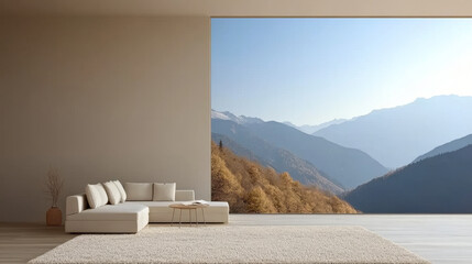 A modern living room features cozy white sofa and stunning mountain view through large window, creating serene and inviting atmosphere