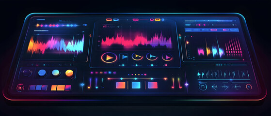 Obraz premium Futuristic audio mixing software interface with colorful waveforms and control panels.