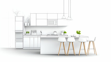 Beautiful Stylish kitchen interior sketch design and drawing with modern furniture