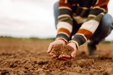 Women's hands sort through black soil in the field. Expert farmer checking soil health before growth a seed or plant seedling. Nature healthy food.