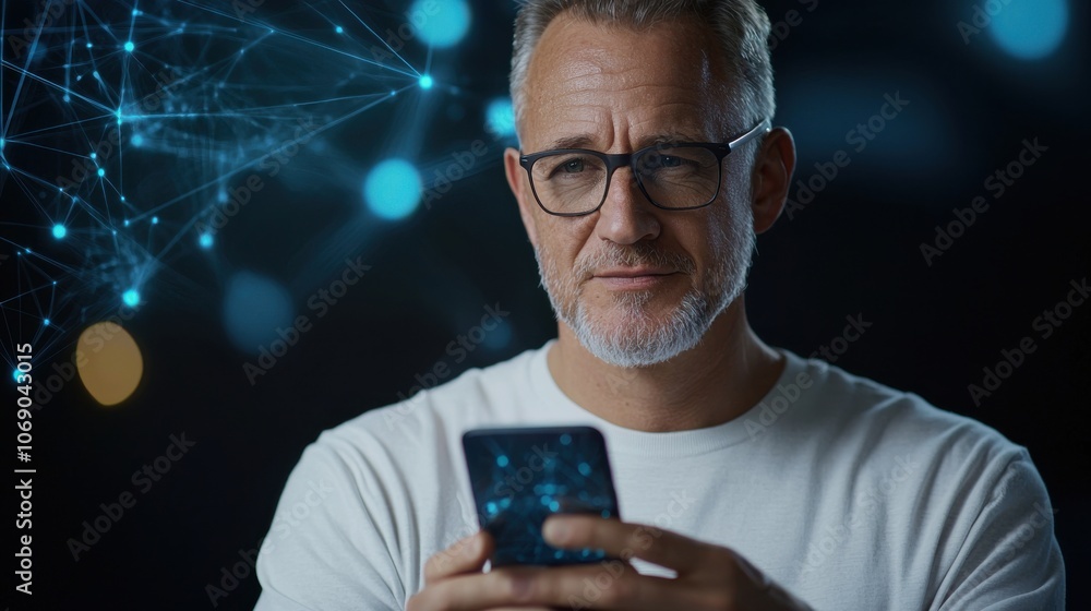 Poster man using smartphone in abstract digital environment