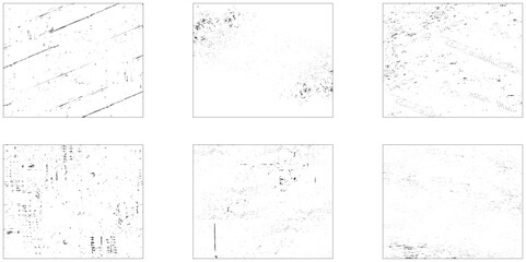 Grunge overlay textures with dust grain isolated on white background. Distressed paper with old, worn overlay effect. Torn and crumpled pattern for poster or vinyl