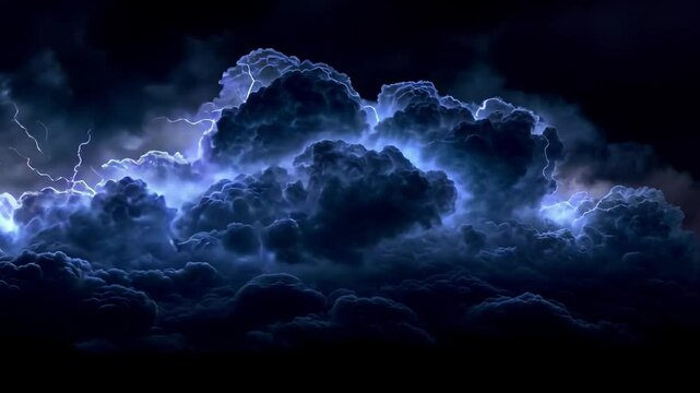 Dark thunderclouds illuminated by lightning at night over a vast landscape