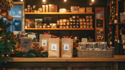 Small business holiday display with branded gift bags, festive lights, and cozy seasonal decor on a storefront shelf.