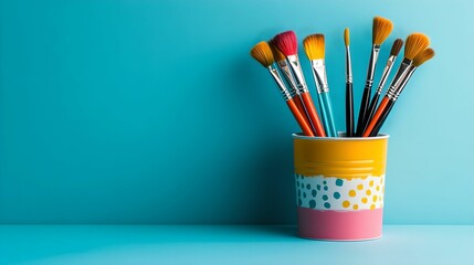 Obraz premium Colorful Art Supplies on Blue Background, paint, bucket, brushes, color