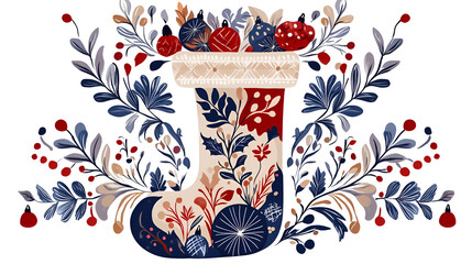 Obraz premium Colorful Christmas stocking adorned with flowers and festive ornaments on a white background