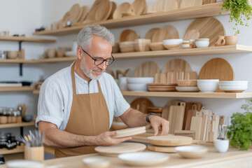 A skilled craftsman arranges wooden plates in cozy workshop filled with handmade kitchenware. warm atmosphere reflects his passion for craftsmanship and attention to detail