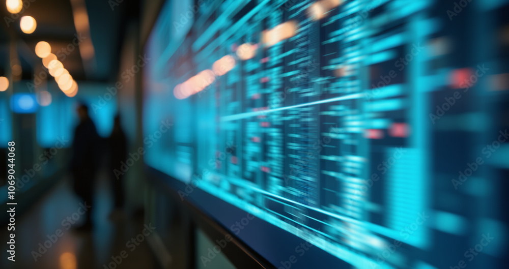 Poster a large screen displaying complex data visualization with lines and dots, set against a blurred back