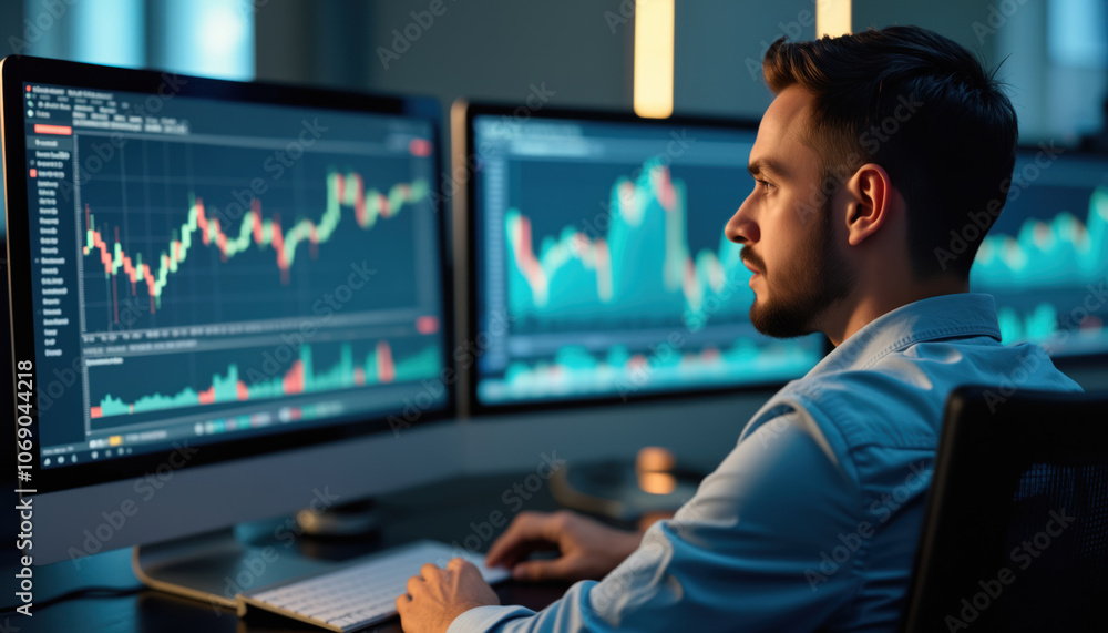 Poster trader reviewing stock market data on multiple screens: a trader reviewing stock market data on mult