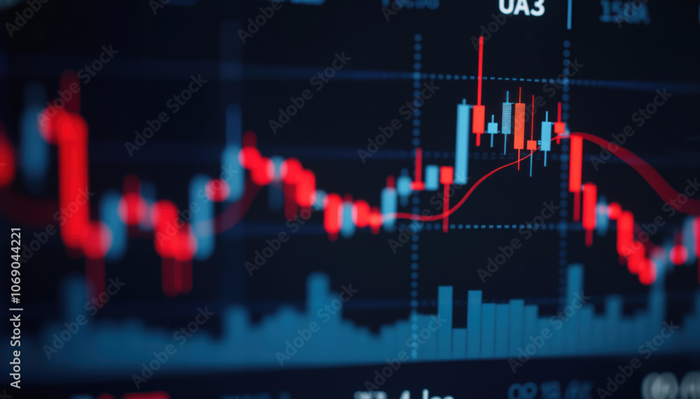 Poster close-up of stock market chart with red candlestick patterns: a close-up view of a stock market char