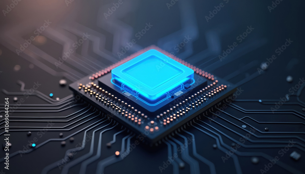 Poster glowing blue processor on circuit board: a close-up of a glowing blue processor on a circuit board, 