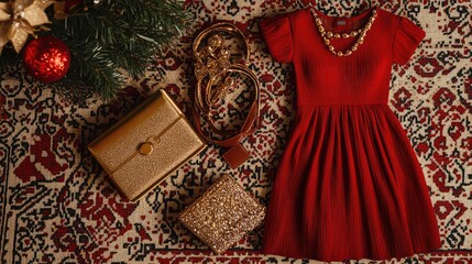 Flat lay of a holiday outfit with a red dress, gold accessories, and a sparkly clutch, all set on a patterned tablecloth.