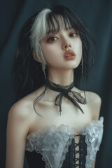 young korean woman with black white hair and dramatic makeup wearing lace corset dark gothic style
