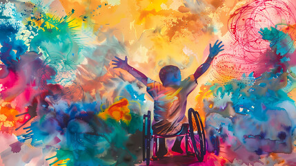 abstract watercolor painting of happy kid in his chair  Generated AI 