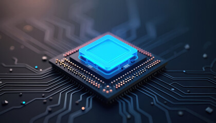 Glowing Blue Processor on Circuit Board: A close-up of a glowing blue processor on a circuit board, representing high-performance computing technology.